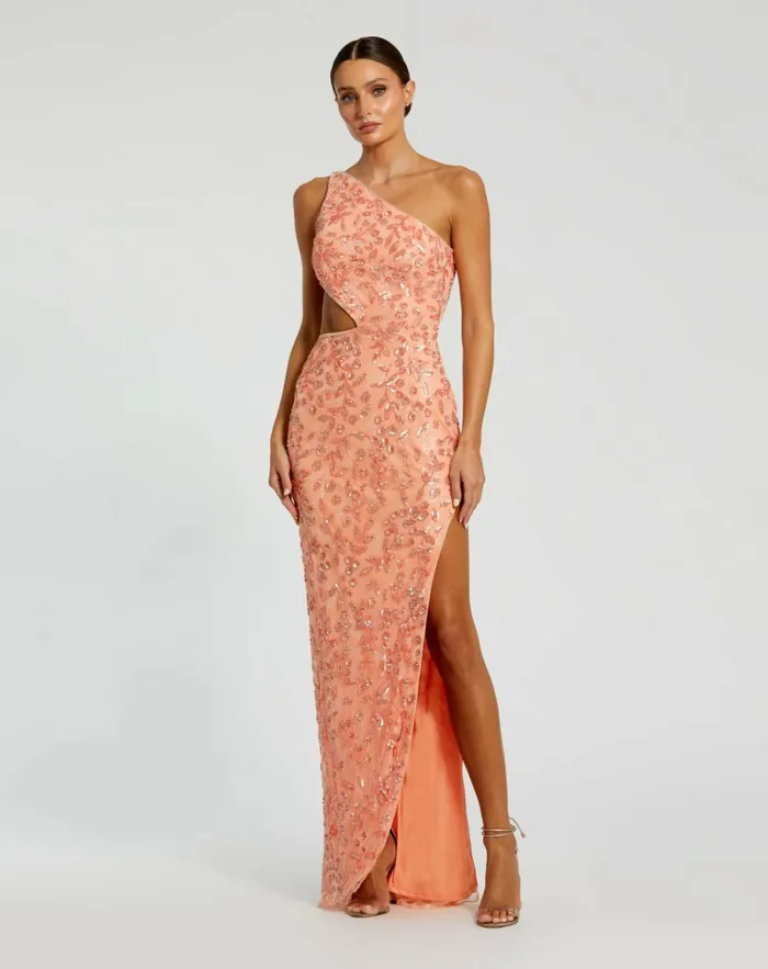 Women Evening Gowns Mac Duggal Mac Duggal Embellished Mesh Column Prom Dress Peach