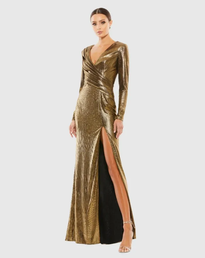 Women Evening Gowns Mac Duggal Metallic Long Sleeve Asymmetrical Ruched Gown Gold