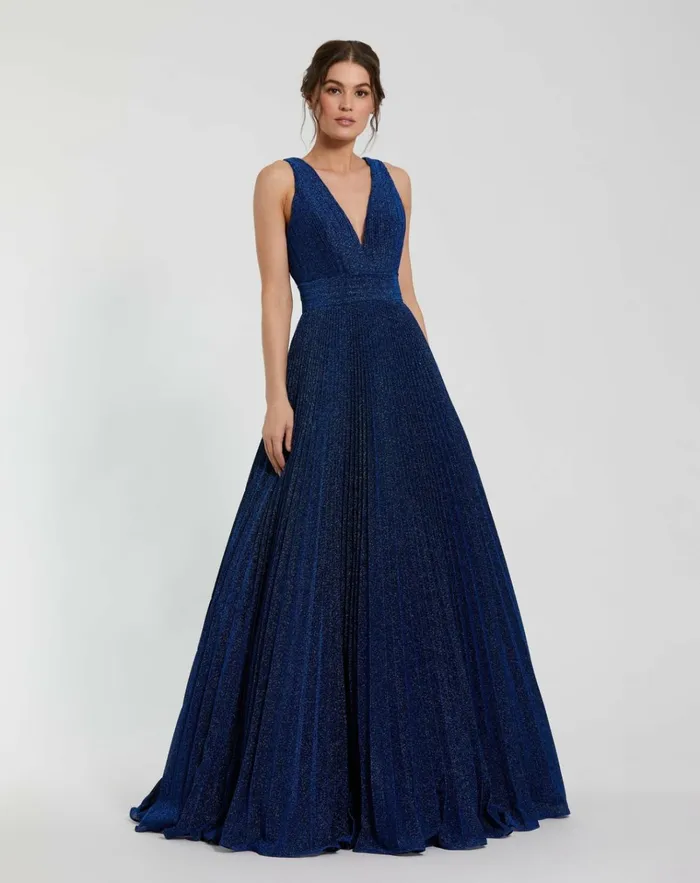Women Evening Gowns Mac Duggal Shimmering Georgette Pleated Sleeveless Gown Royal