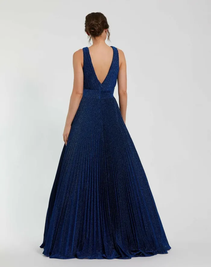 Women Evening Gowns Mac Duggal Shimmering Georgette Pleated Sleeveless Gown Royal