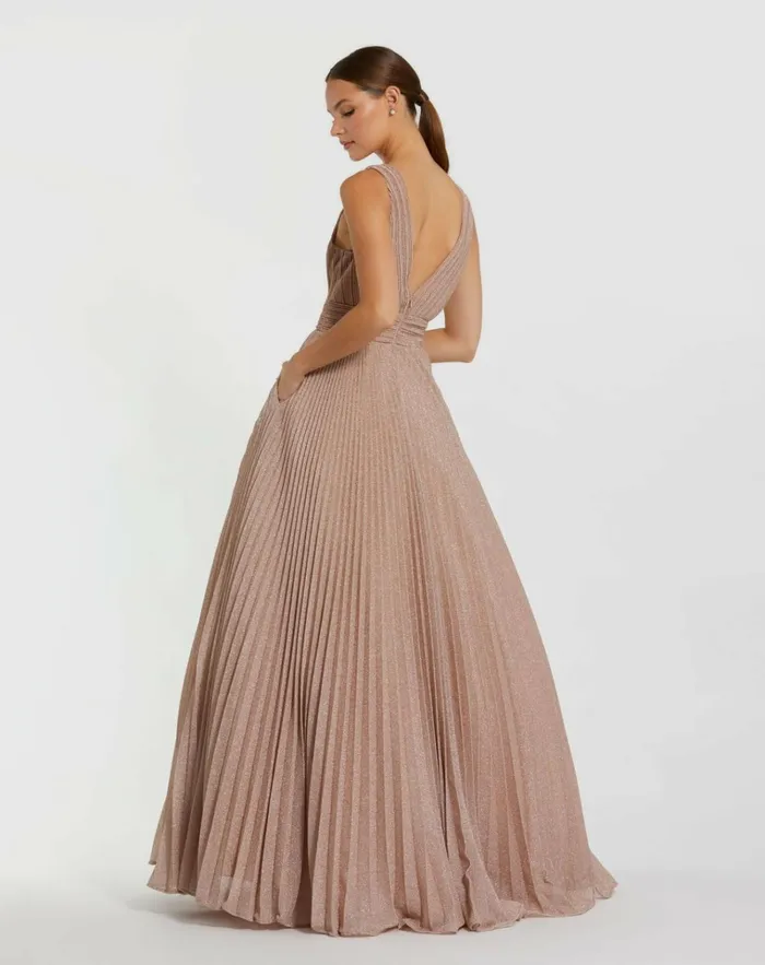 Women Evening Gowns Mac Duggal Shimmering Georgette Pleated Sleeveless Gown Royal