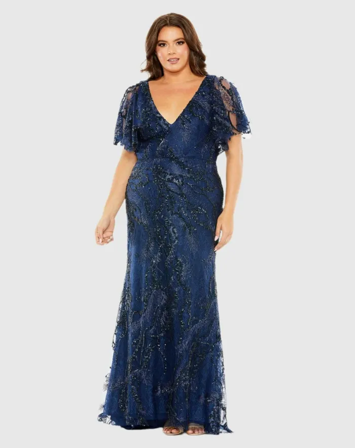 Women Evening Gowns Mac Duggal V Neck Flutter Sleeve Embellished Gown Plus Midnight