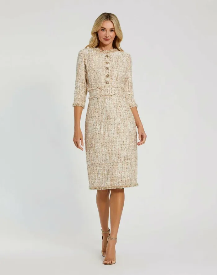 Women Every Day Dresses Mac Duggal 34 Sleeve Beaded Trim Patch Pocket Tweed Midi Dress Blush Women Every Day Dresses Mac Duggal 34 Sleeve Beaded Trim Patch Pocket Tweed Midi Dress Blush