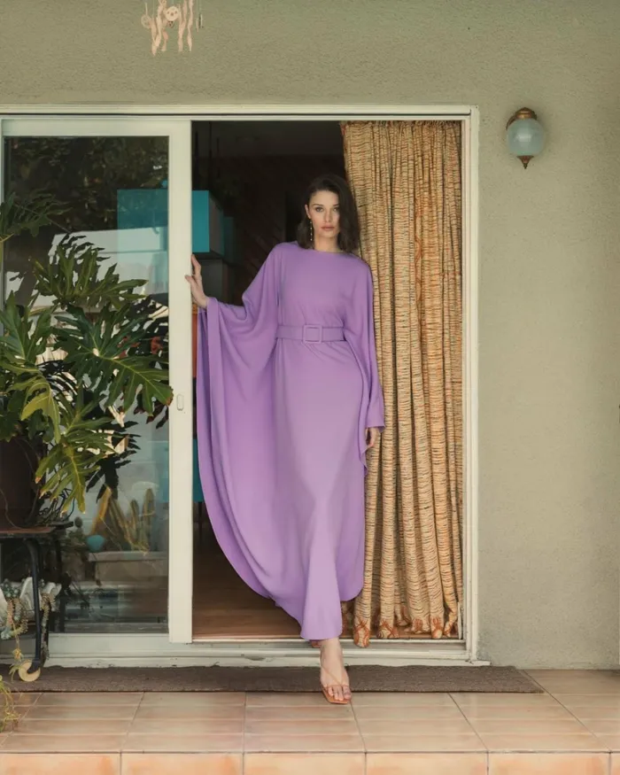 Women Every Day Dresses Mac Duggal Crepe Boat Neck Caftan Dress With Belt Orchid