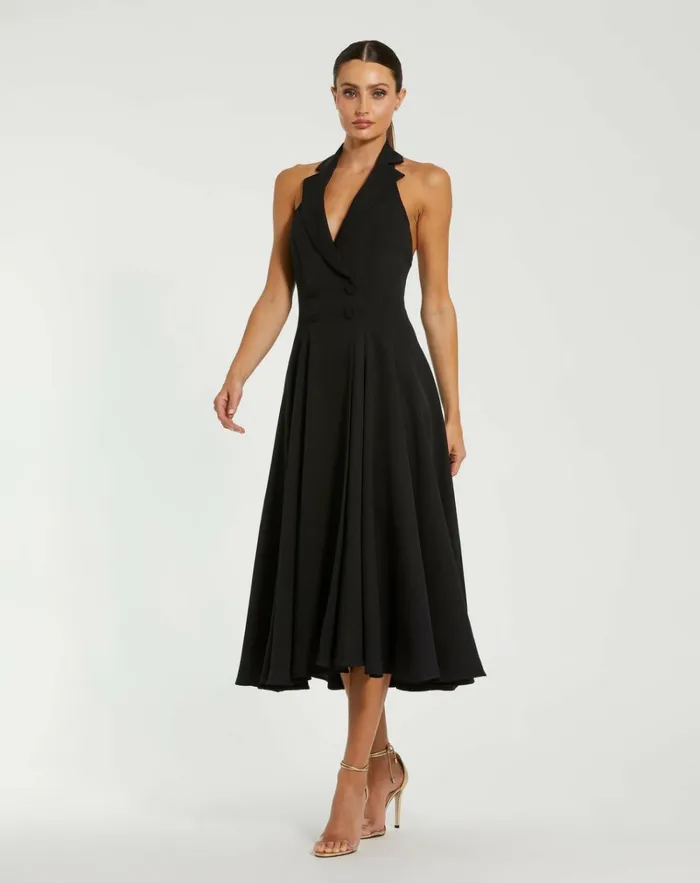 Women Every Day Dresses Mac Duggal Crepe Sleeveless Blazer Halter Midi Dress Black