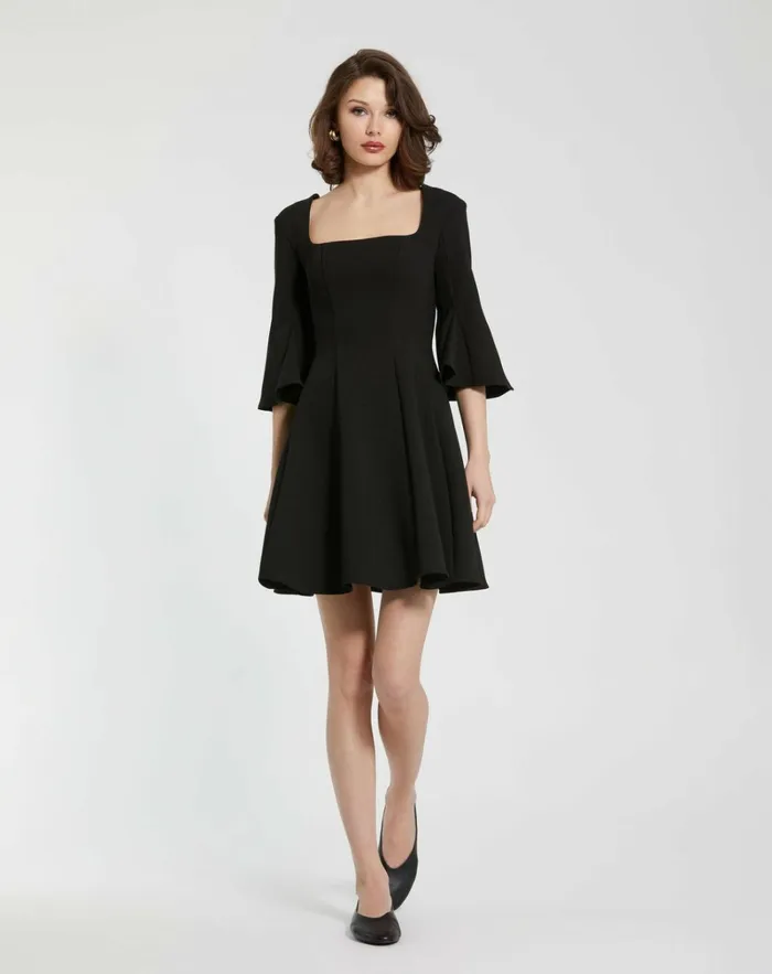 Women Every Day Dresses Mac Duggal Crepe Square Neck 34 Sleeve Godet Mini Dress Black