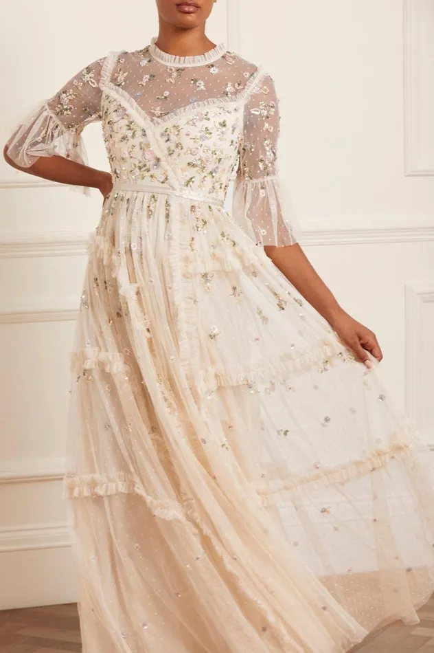 Women Exclusives Needle and Thread Shimmer Ditsy Long Sleeve Gown Champagne
