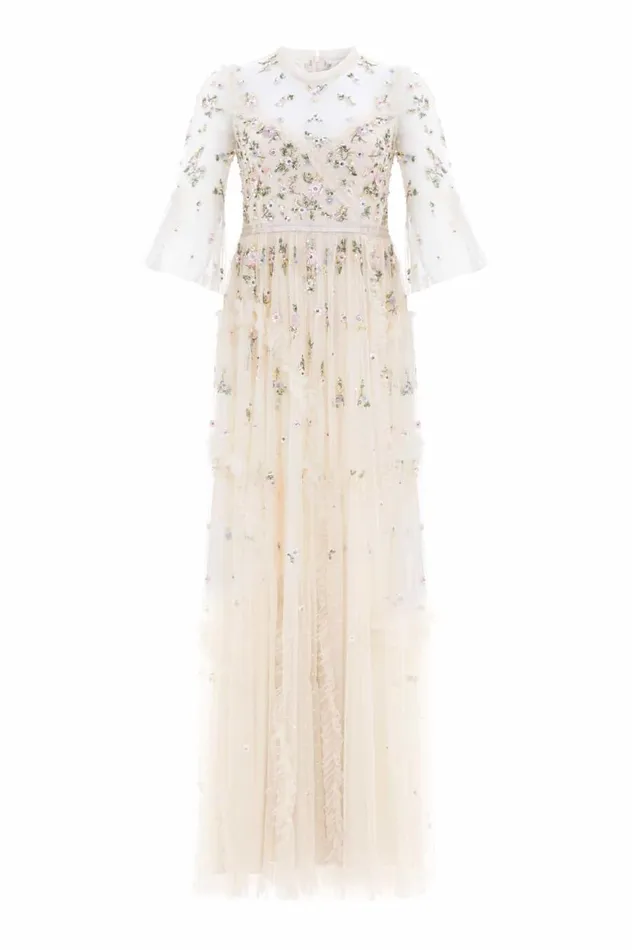 Women Exclusives Needle and Thread Shimmer Ditsy Long Sleeve Gown Champagne