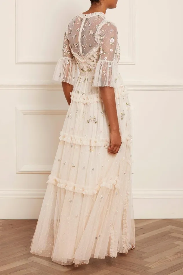 Women Exclusives Needle and Thread Shimmer Ditsy Long Sleeve Gown Champagne