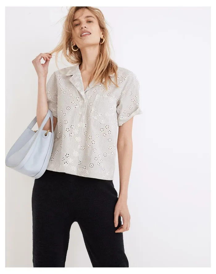 Women Eyelet Piedmont Camp Shirt Sunfaded Indigo Madewell Tops and Shirts
