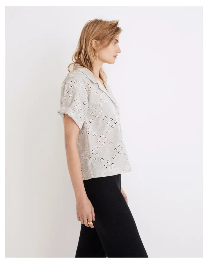 Women Eyelet Piedmont Camp Shirt Sunfaded Indigo Madewell Tops and Shirts Women Eyelet Piedmont Camp Shirt Sunfaded Indigo Madewell Tops and Shirts
