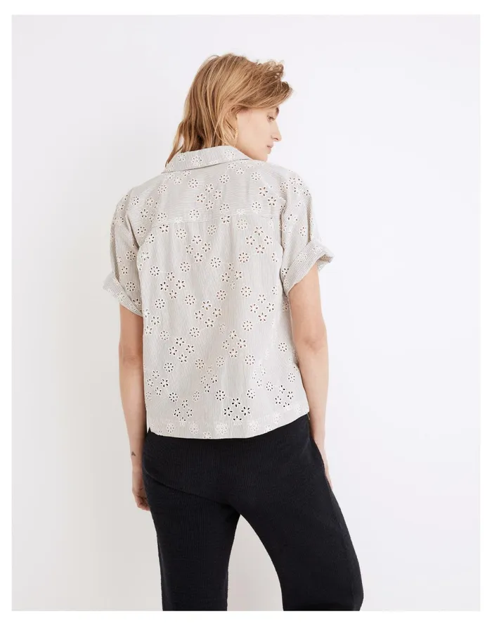 Women Eyelet Piedmont Camp Shirt Sunfaded Indigo Madewell Tops and Shirts Women Eyelet Piedmont Camp Shirt Sunfaded Indigo Madewell Tops and Shirts