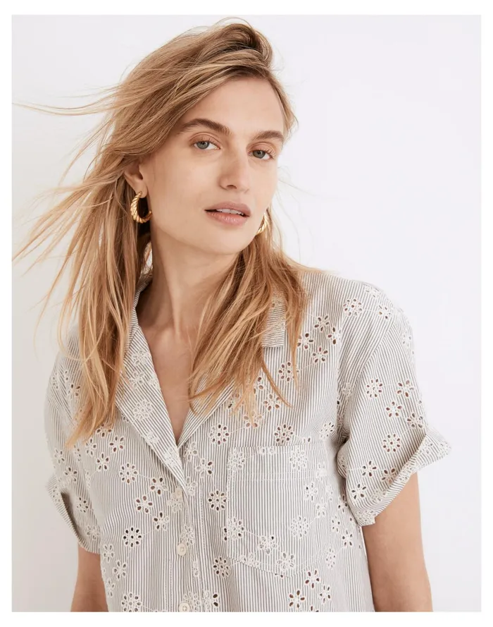 Women Eyelet Piedmont Camp Shirt Sunfaded Indigo Madewell Tops and Shirts Women Eyelet Piedmont Camp Shirt Sunfaded Indigo Madewell Tops and Shirts