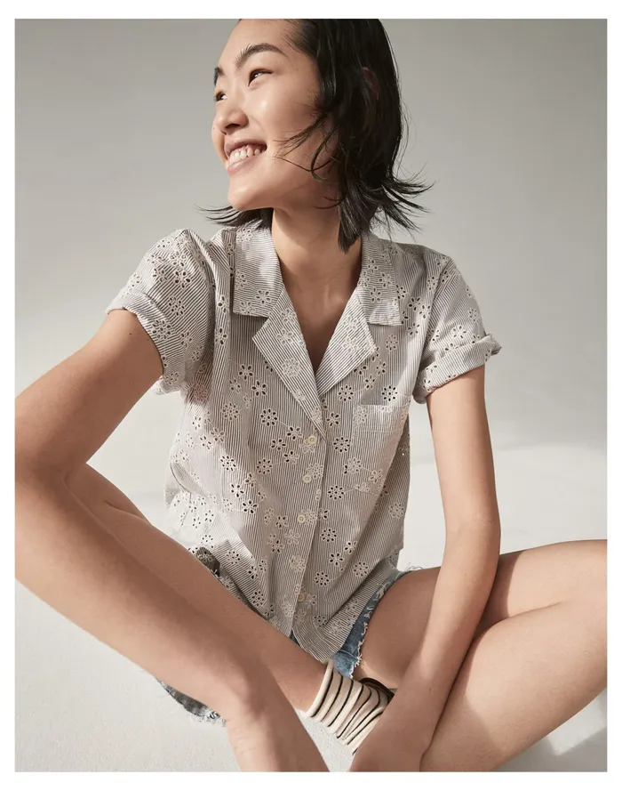 Women Eyelet Piedmont Camp Shirt Sunfaded Indigo Madewell Tops and Shirts Women Eyelet Piedmont Camp Shirt Sunfaded Indigo Madewell Tops and Shirts