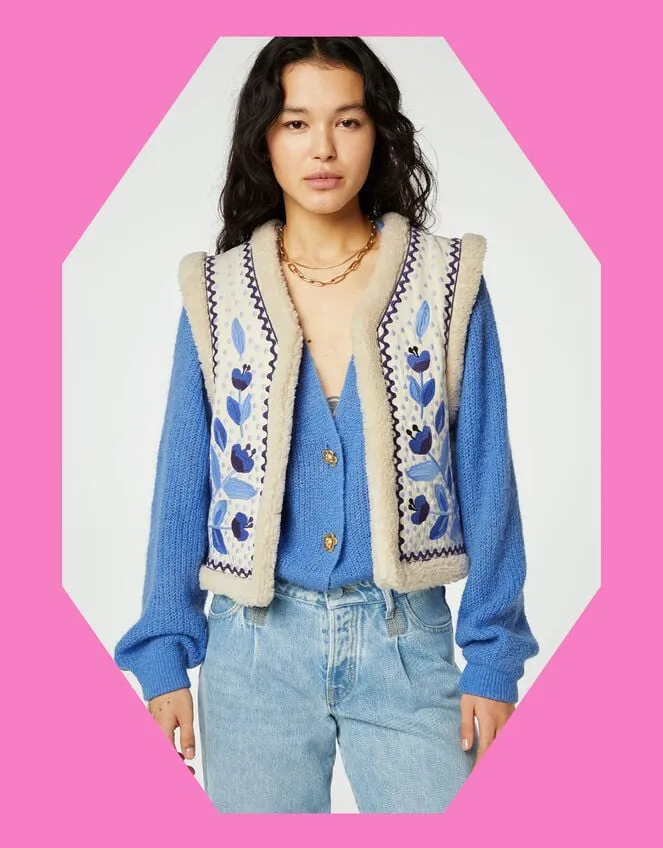Women Fabienne Chapot Embroidered Borg Gilet Blue Monsoon Jackets