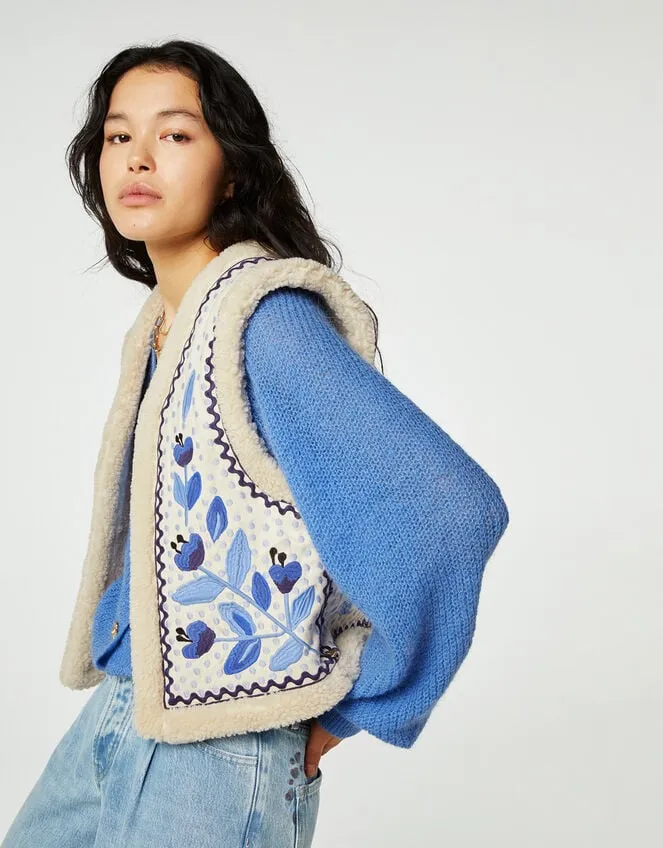 Women Fabienne Chapot Embroidered Borg Gilet Blue Monsoon Jackets