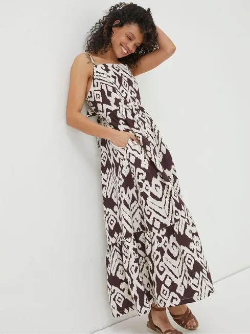 Women Fatface Dresses Brown Ikat Julien Linen Midi Dress
