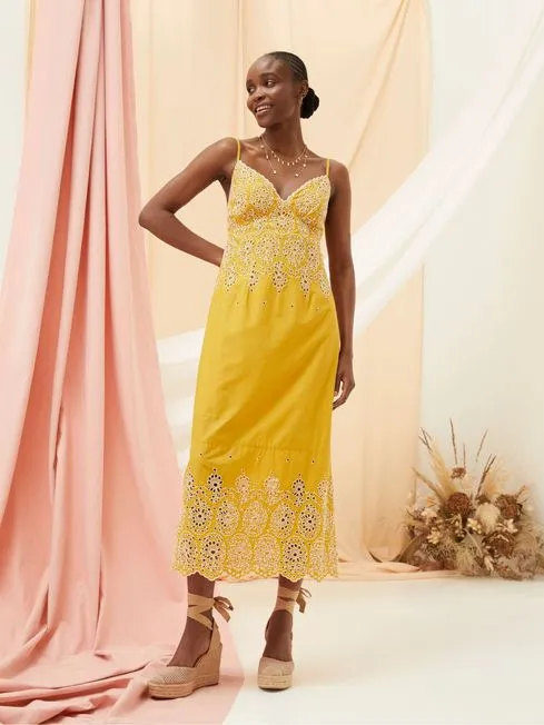 Women Fatface Dresses Daisy Yellow Broderie Midi Dress