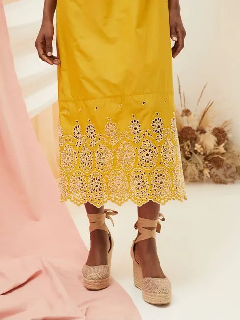 Women Fatface Dresses Daisy Yellow Broderie Midi Dress Women Fatface Dresses Daisy Yellow Broderie Midi Dress