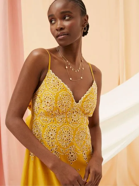 Women Fatface Dresses Daisy Yellow Broderie Midi Dress Women Fatface Dresses Daisy Yellow Broderie Midi Dress