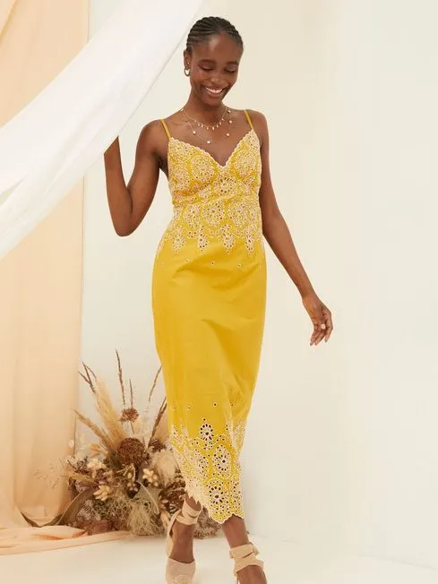 Women Fatface Dresses Daisy Yellow Broderie Midi Dress Women Fatface Dresses Daisy Yellow Broderie Midi Dress