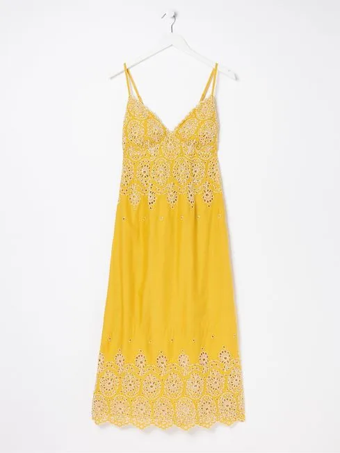 Women Fatface Dresses Daisy Yellow Broderie Midi Dress Women Fatface Dresses Daisy Yellow Broderie Midi Dress