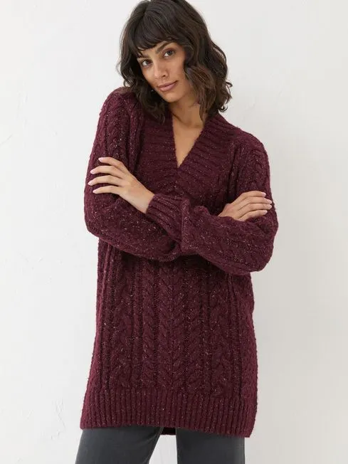 Women Fatface Knitwear Dark Red Alicia VNeck Tunic