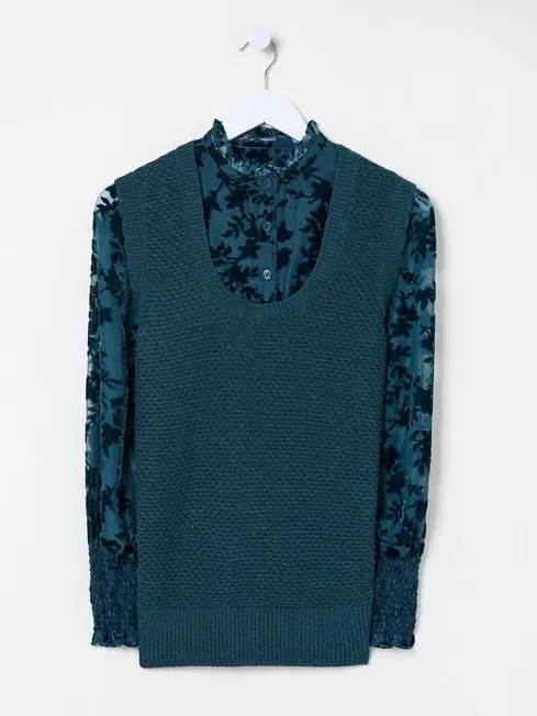 Women Fatface Knitwear Dark Teal Hadley 2 In 1 Devore Jumper Women Fatface Knitwear Dark Teal Hadley 2 In 1 Devore Jumper