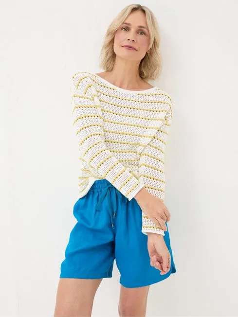 Women Fatface Knitwear Kalani Yellow Crochet Stripe Jumper