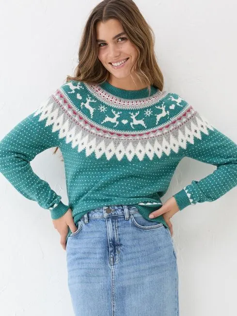 Women Fatface Knitwear Reindeer Yoke Teal Blue Jumper