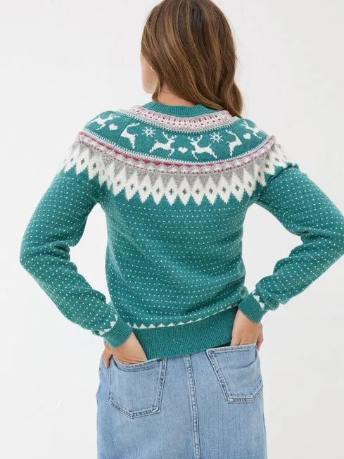 Women Fatface Knitwear Reindeer Yoke Teal Blue Jumper Women Fatface Knitwear Reindeer Yoke Teal Blue Jumper