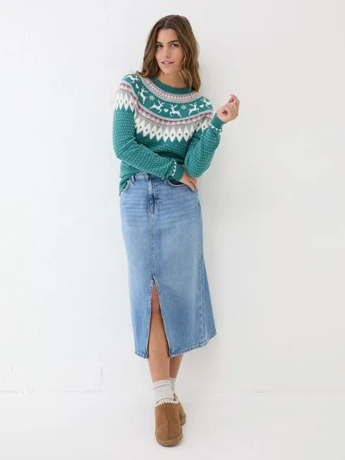 Women Fatface Knitwear Reindeer Yoke Teal Blue Jumper Women Fatface Knitwear Reindeer Yoke Teal Blue Jumper