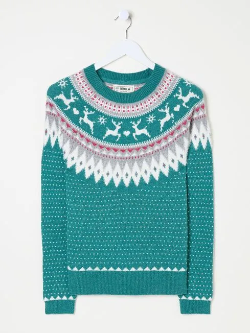 Women Fatface Knitwear Reindeer Yoke Teal Blue Jumper Women Fatface Knitwear Reindeer Yoke Teal Blue Jumper