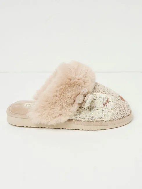Women Fatface Loungewear Delilah Ivory Deer Slippers