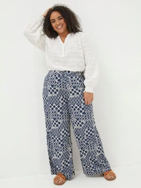 Women Fatface Pants and Leggings Blue Isla Patchwork Geo Wide Leg Trousers