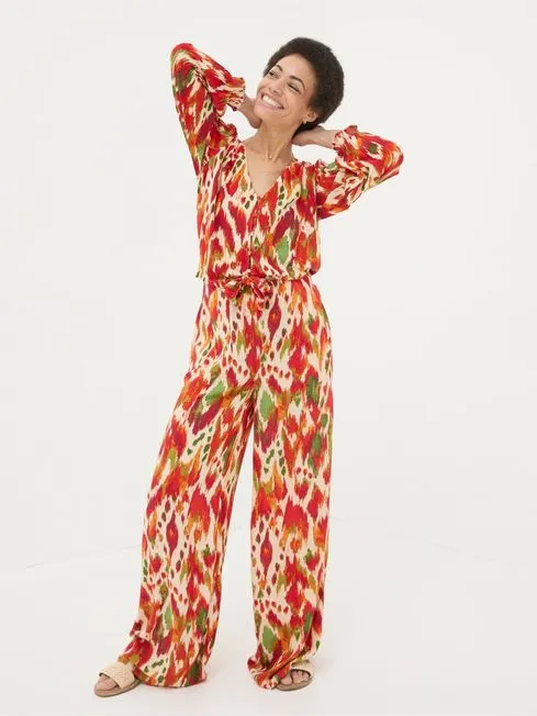 Women Fatface Pants and Leggings Ines Orange Paradise Ikat Wide Leg Trousers