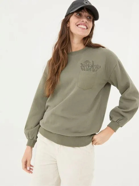 Women Fatface Sweatshirts and Hoodies Alex Green Khaki Graphic Pocket Sweat Top