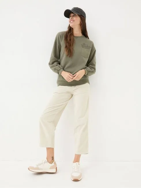 Women Fatface Sweatshirts and Hoodies Alex Green Khaki Graphic Pocket Sweat Top