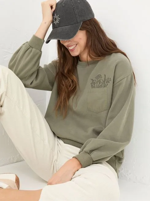 Women Fatface Sweatshirts and Hoodies Alex Green Khaki Graphic Pocket Sweat Top