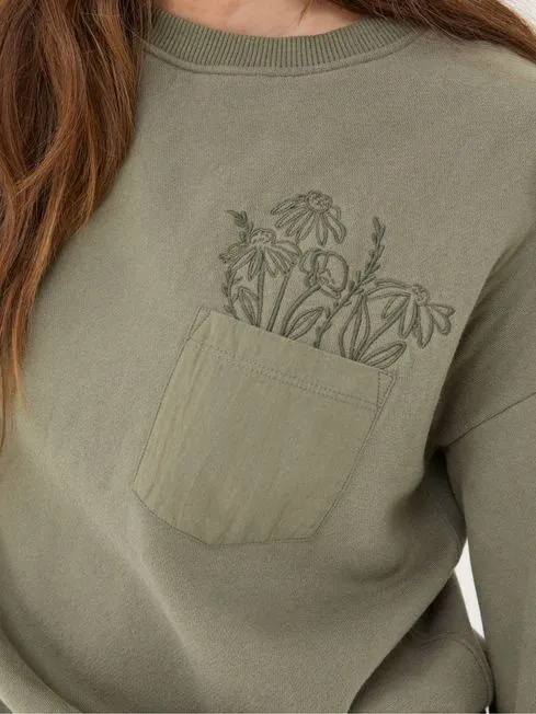 Women Fatface Sweatshirts and Hoodies Alex Green Khaki Graphic Pocket Sweat Top