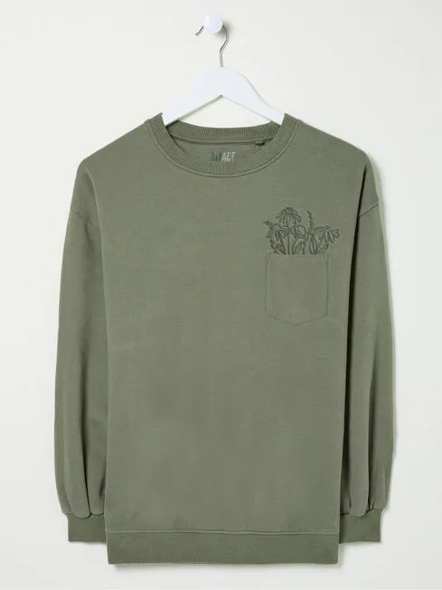 Women Fatface Sweatshirts and Hoodies Alex Green Khaki Graphic Pocket Sweat Top