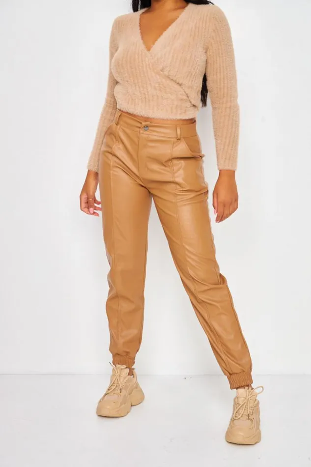 Women Faux Leather Trousers In Dark Beige Beige Brentiny Paris Pants