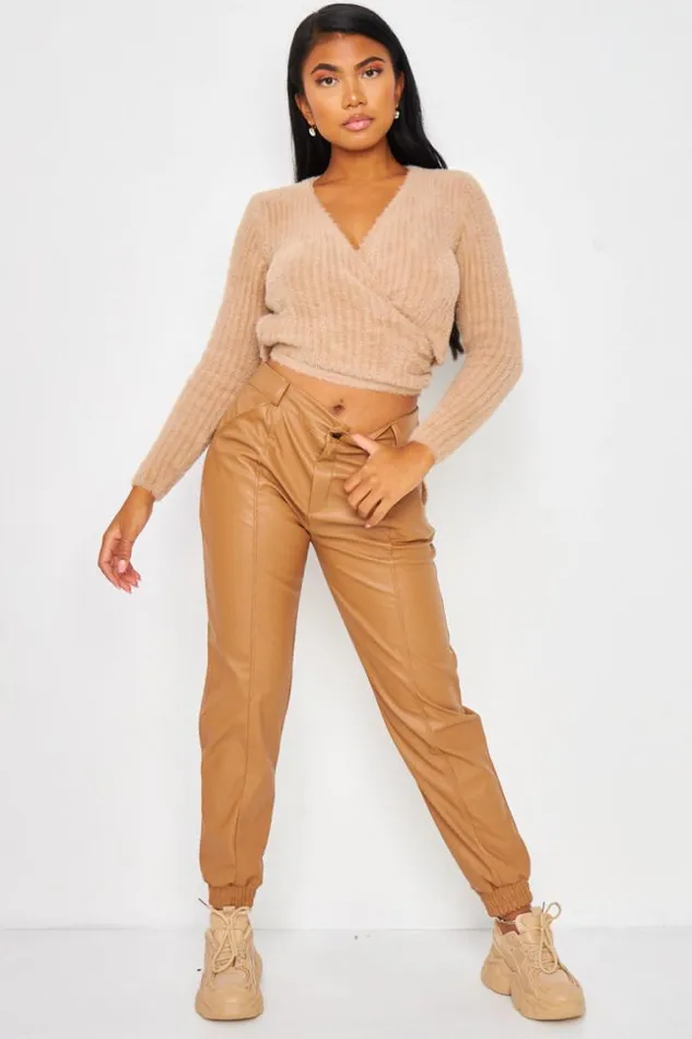 Women Faux Leather Trousers In Dark Beige Beige Brentiny Paris Pants