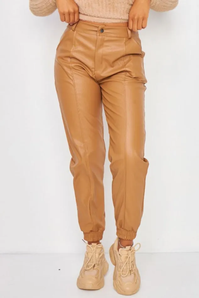Women Faux Leather Trousers In Dark Beige Beige Brentiny Paris Pants