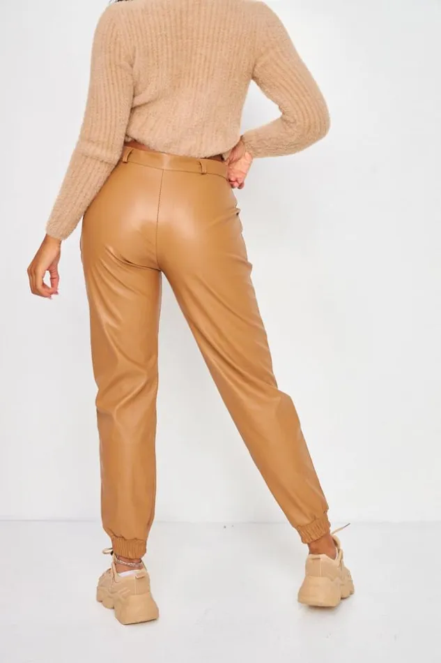 Women Faux Leather Trousers In Dark Beige Beige Brentiny Paris Pants