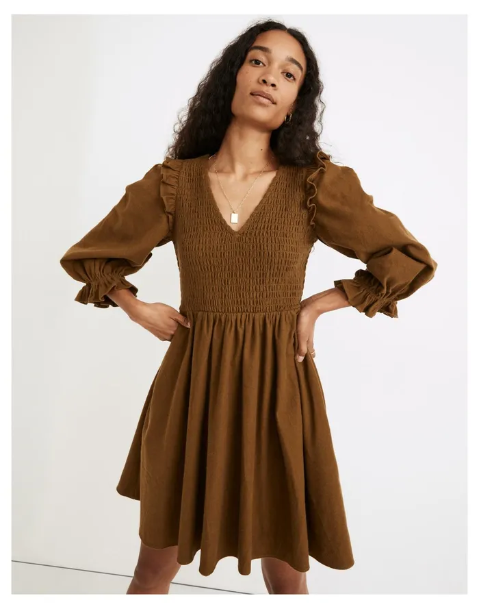 Women Flannel Lucie V Neck Smocked Mini Dress Weathered Olive Madewell Dresses