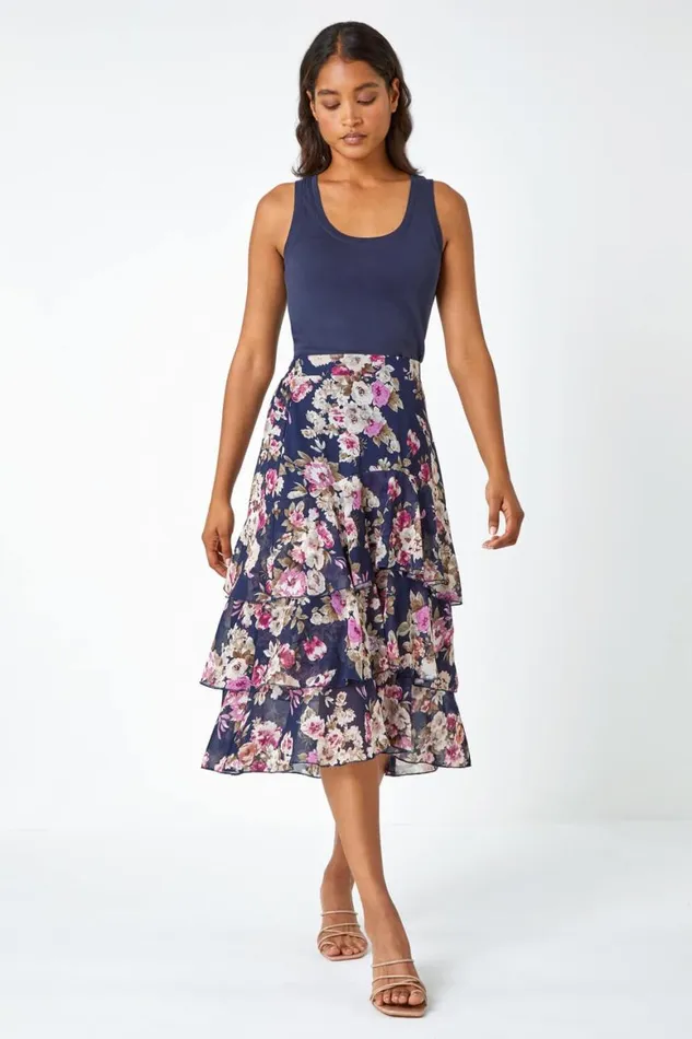 Women Floral Elastic Waist A Line Tiered Skirt Roman Skirts