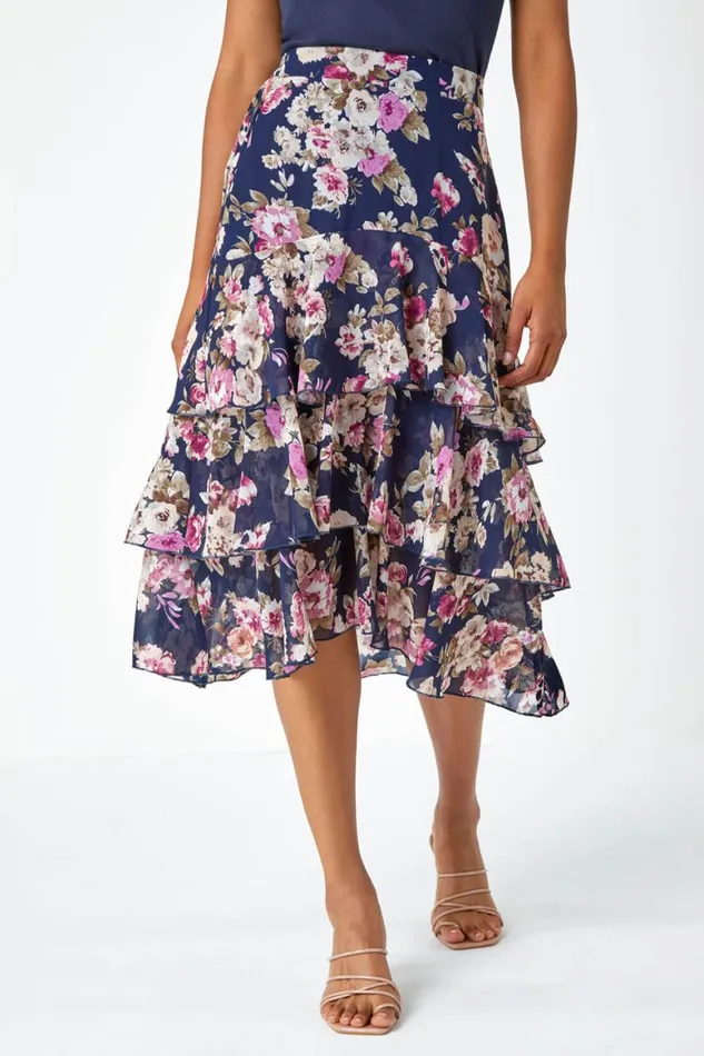 Women Floral Elastic Waist A Line Tiered Skirt Roman Skirts