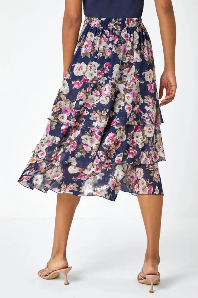 Women Floral Elastic Waist A Line Tiered Skirt Roman Skirts