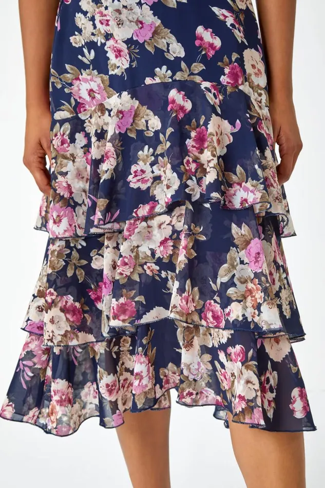 Women Floral Elastic Waist A Line Tiered Skirt Roman Skirts
